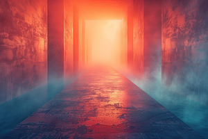 Futuristic Corridor With Glowing Orange Light and Blue Fog, a Background Photo by José Manuel Gelpi