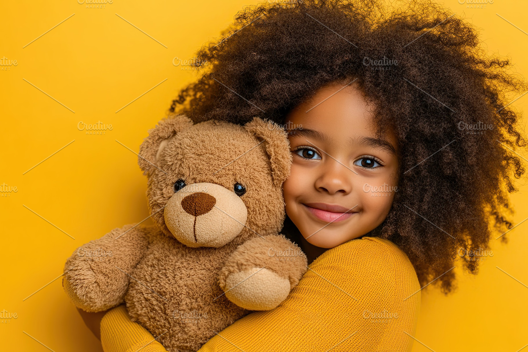 Young girl with curly hair joyfully hugging a plush teddy bear against a bright, a Person Photo by AlyaAnd