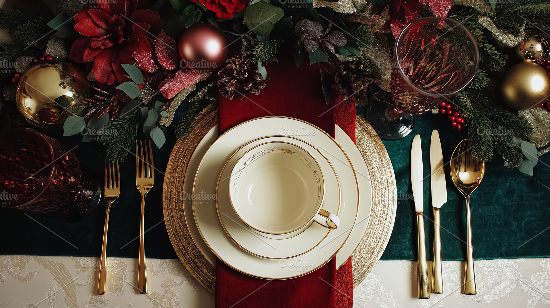 Elegant Christmas dinner table setting with festive decorations, golden cutlery, a Food & Drink Photo by Anneleven