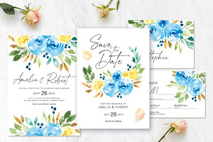 Blue and yellow roses wedding suite, an Invitation Template by Artberriez