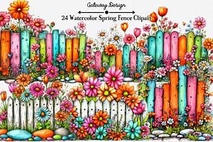 Watercolor Spring Fence Clipart, an Illustration by GatewayDesign