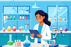 Teenage girl in a lab coat working alone on a science experiment, an Education Illustration by DanFLCreativo