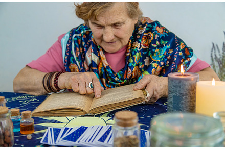 Woman fortune teller reads a book of, a Person Photo by yanadjana