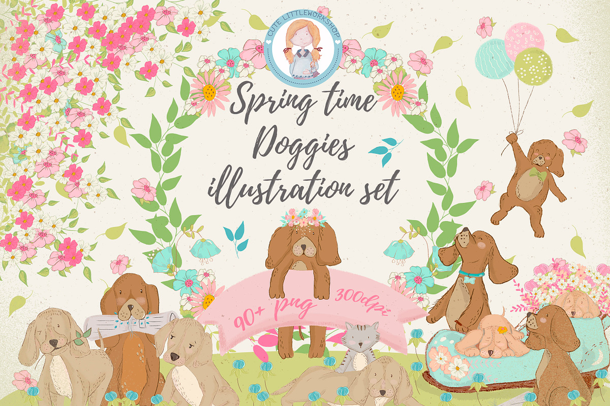 Spring time Doggies illustration set, an Animal Illustration by Cute ...