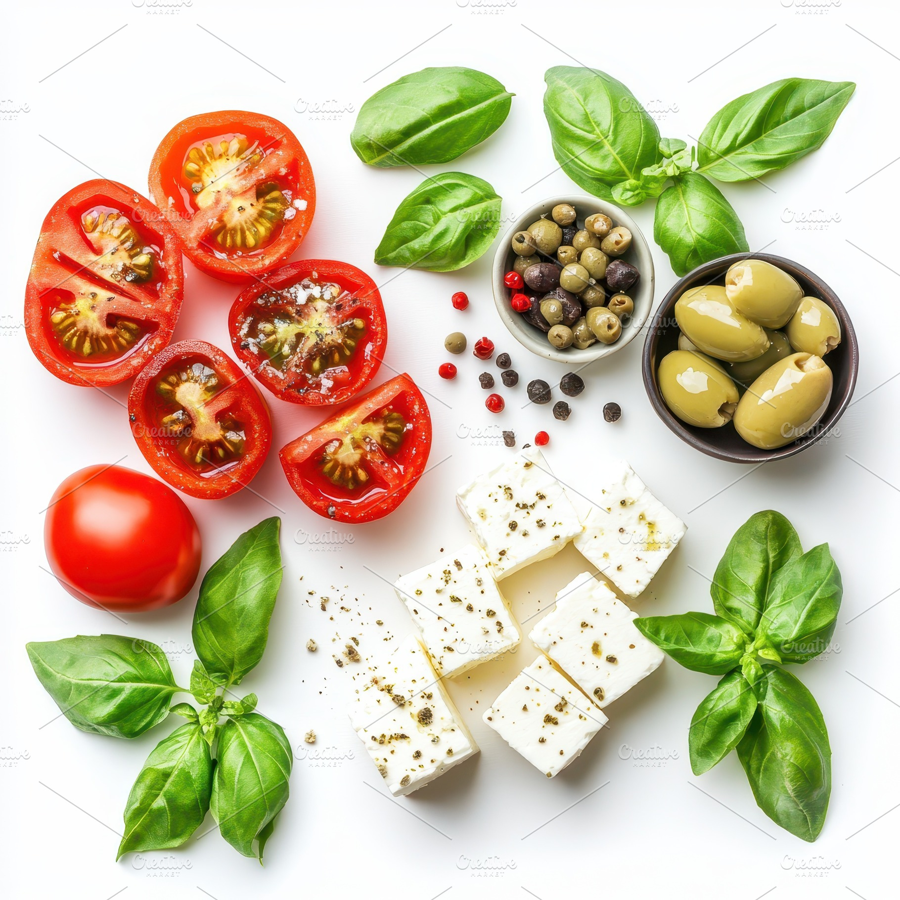 Fresh ingredients for Greek salad to, a Food & Drink Photo by Pixeness Studio