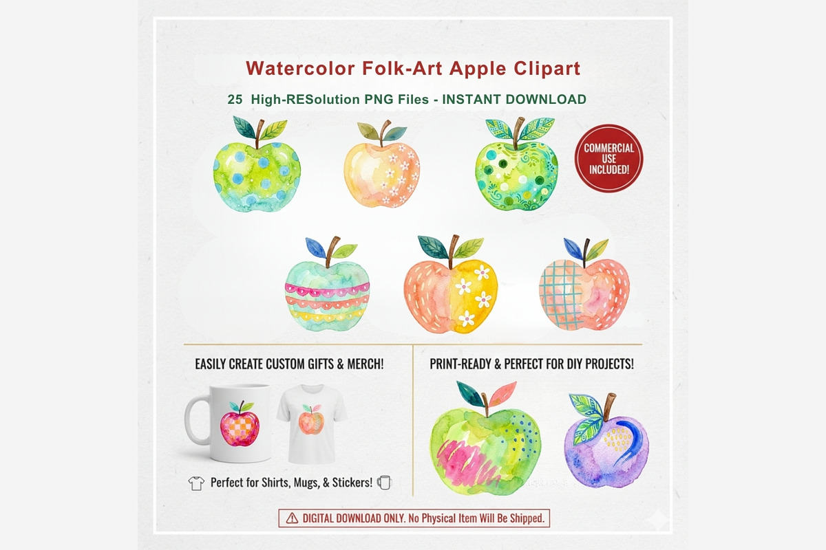 Watercolor Folk Art Apple Clipart, a Seasonal Illustration by Tanya Kart (Photo 9 of 10)