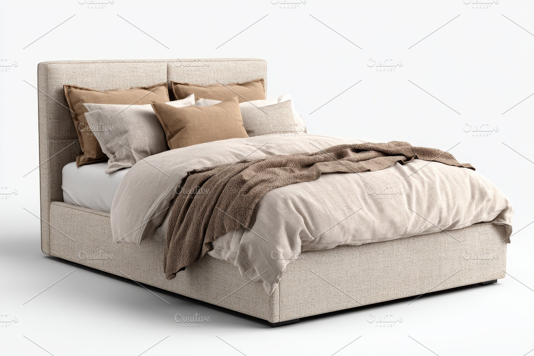 Beige Upholstered Bed with Brown Pil, a Photo by Pixeness Studio