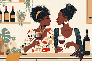 Two friends enjoying red wine in a cozy and stylish kitchen setting, an Illustration by AS photostudio
