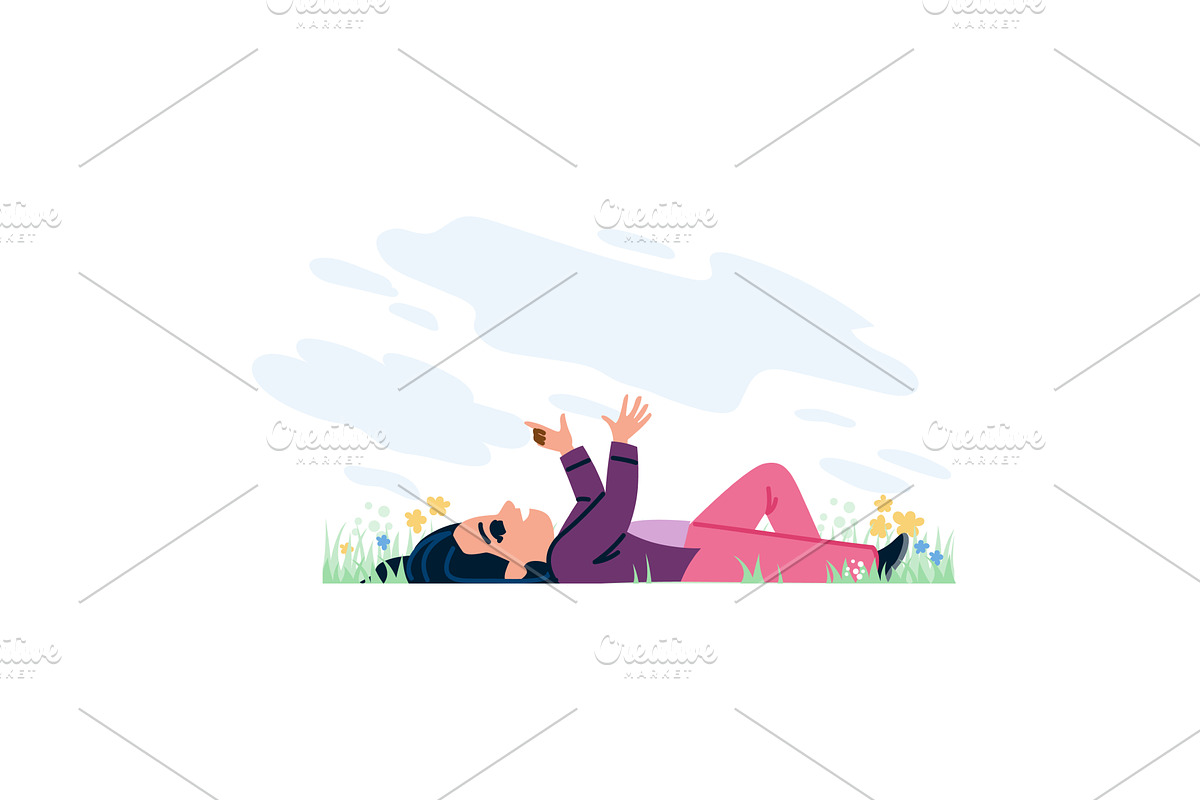 Young woman lying in grass enjoying, an Illustration by pikepicture