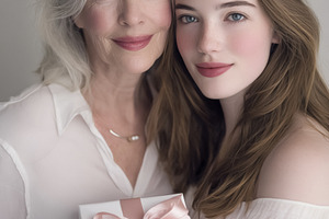 Mother and adult daughter hugging, holding a pink ribbon gift, s, a Photo by Studio ANNA