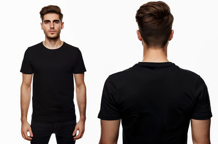 A male model presents a black t-shir, a Photo by Tanuart