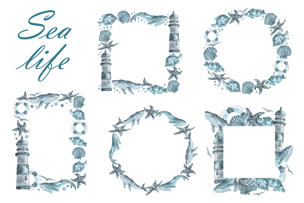 Sea life watercolor set. Nautical., an Illustration by SabinaWatercolorArt (Photo 5 of 13)