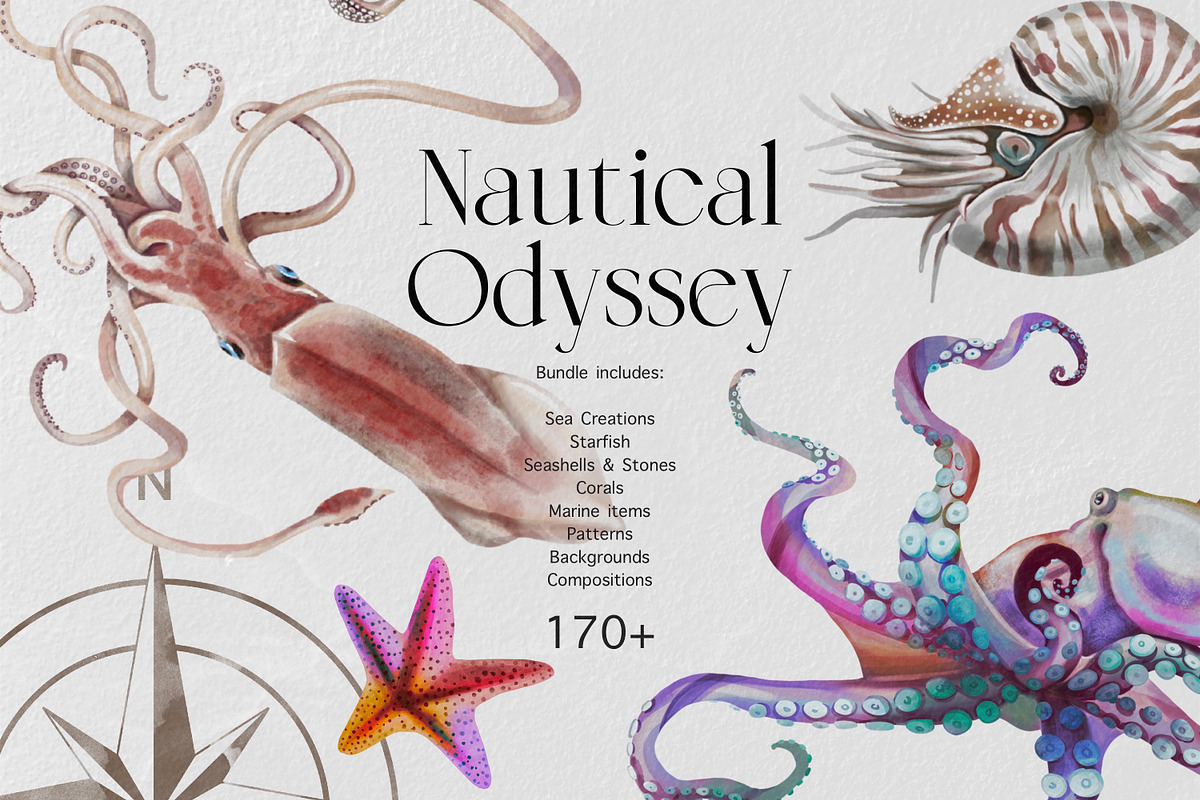 Watercolour Nautical Set, an Animal Illustration by NNclipart (Photo 1 of 13)