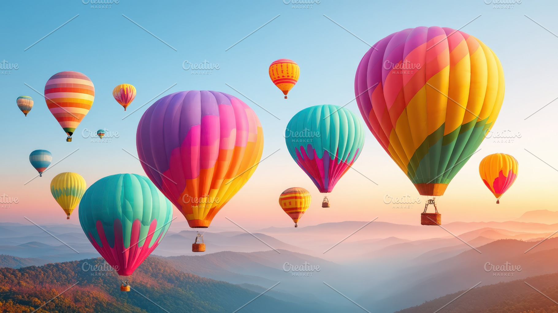 Colorful hot air balloons at sunrise over mountains, an Arts & Entertainment Photo by AlyaAnd