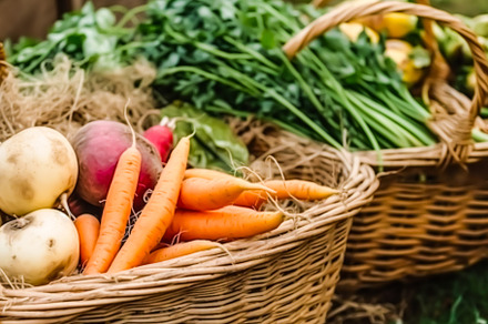 Organic vegetable harvest in a basket from the countryside garde, a Food & Drink Photo by Anneleven