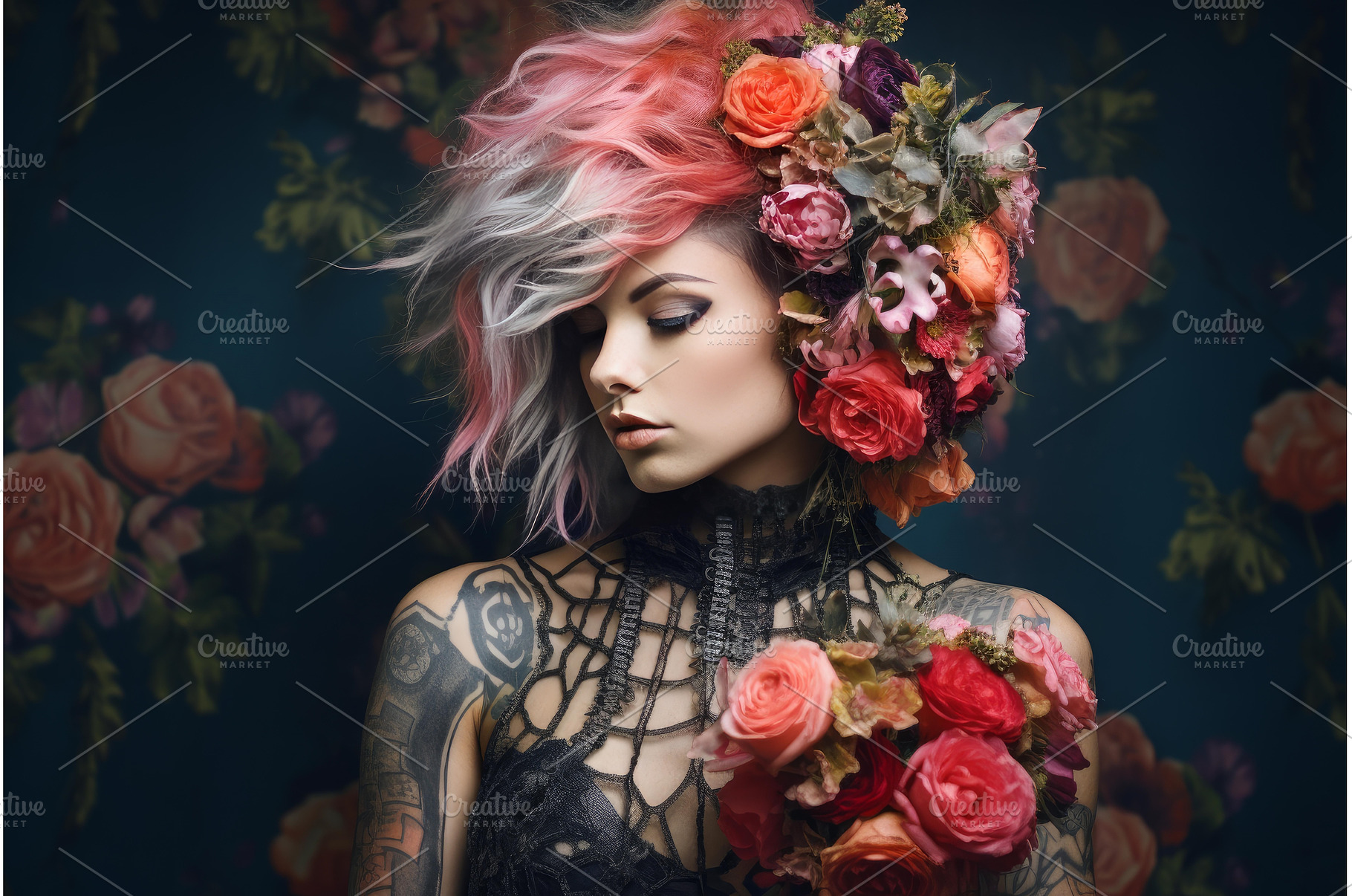 Vibrant Punk woman flowers. Generate, a Person Photo by Ylivdesign