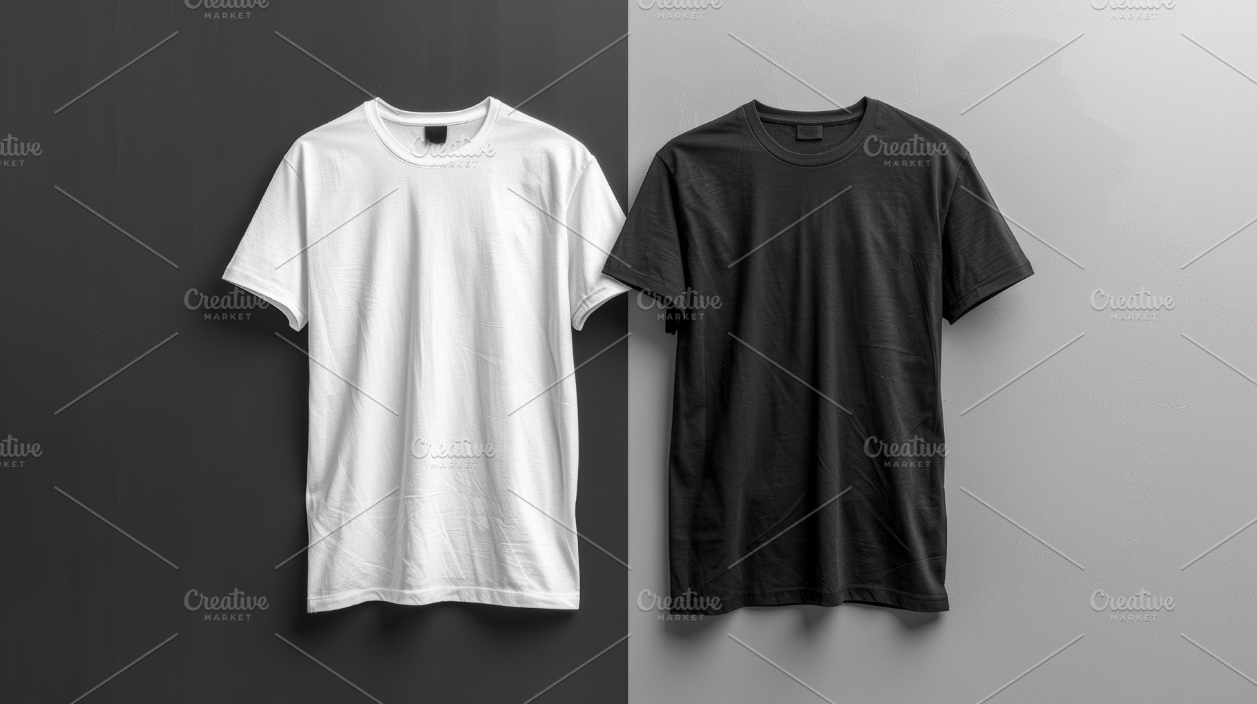Black and white plain t-shirts on contrasting backgrounds, a Photo by AS photostudio