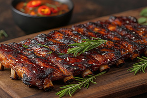 Succulent grilled pork ribs garnished with rosemary, served with, a Food & Drink Photo by ImageMir