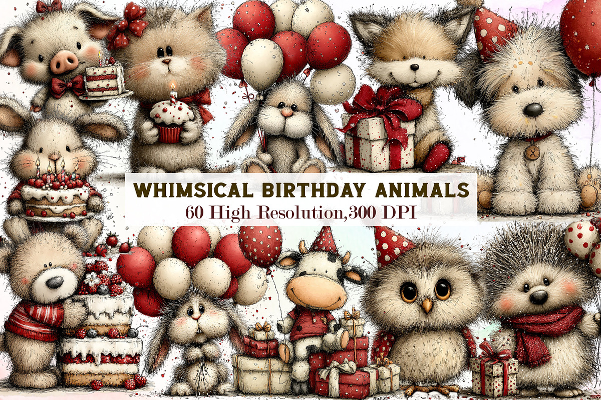 Whimsical Birthday Animals Clipart, an Illustration by Sublimation Artist (Photo 1 of 7)