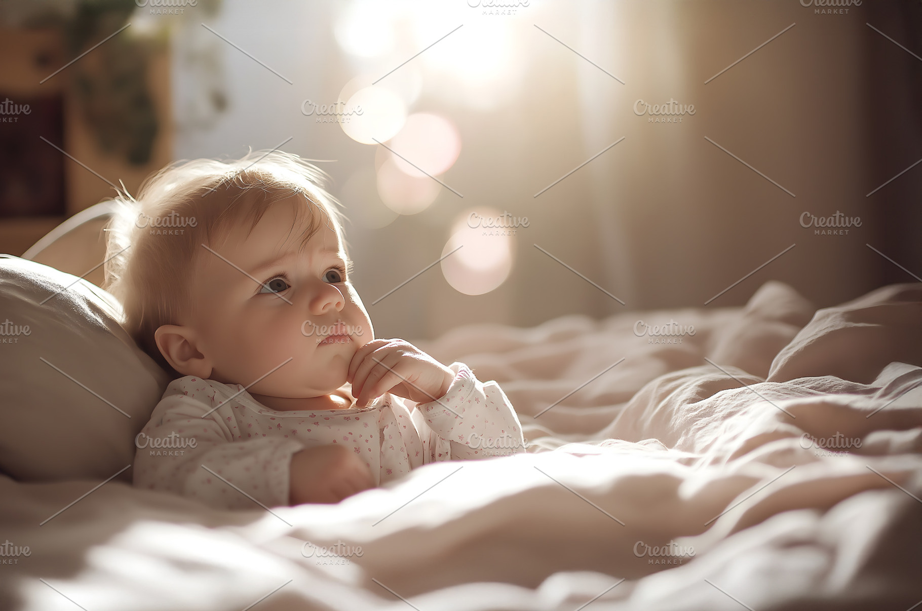 Sad little baby girl is lying in bed at home or hospital, a Person Photo by Lenor4ik