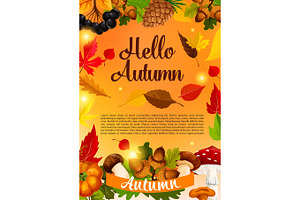 Hello Autumn Poster Template Of Fall Season Leaf