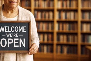 Middle-aged woman holding welcome we, a Photo by Dvoevnore photos