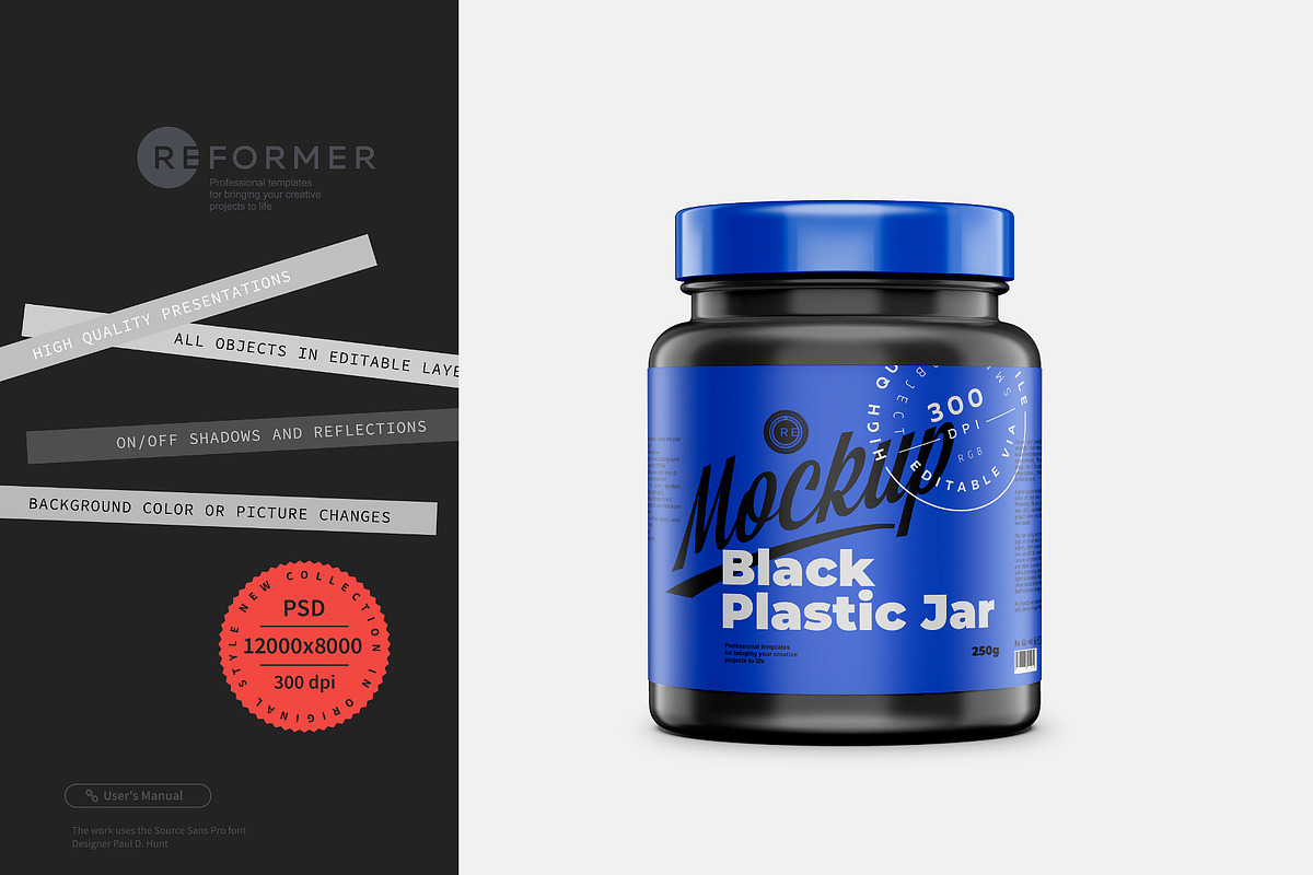 Black Glossy Protein Jar Mockup, a Packaging Mockup by Reformer Mockup (Photo 3 of 6)
