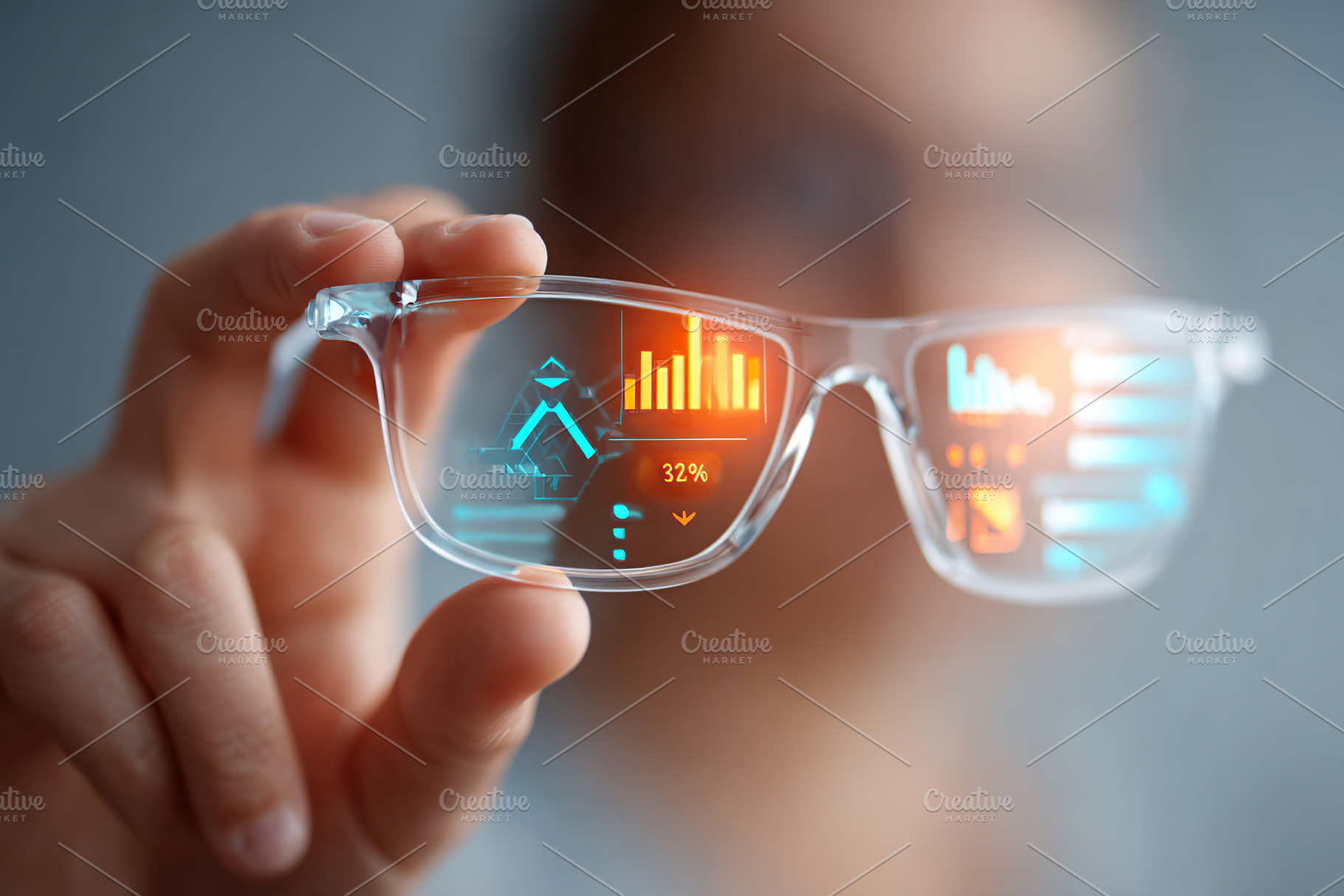 Glasses display augmented reality interface with startup metrics and data analy, a Technology Photo by AlyaAnd