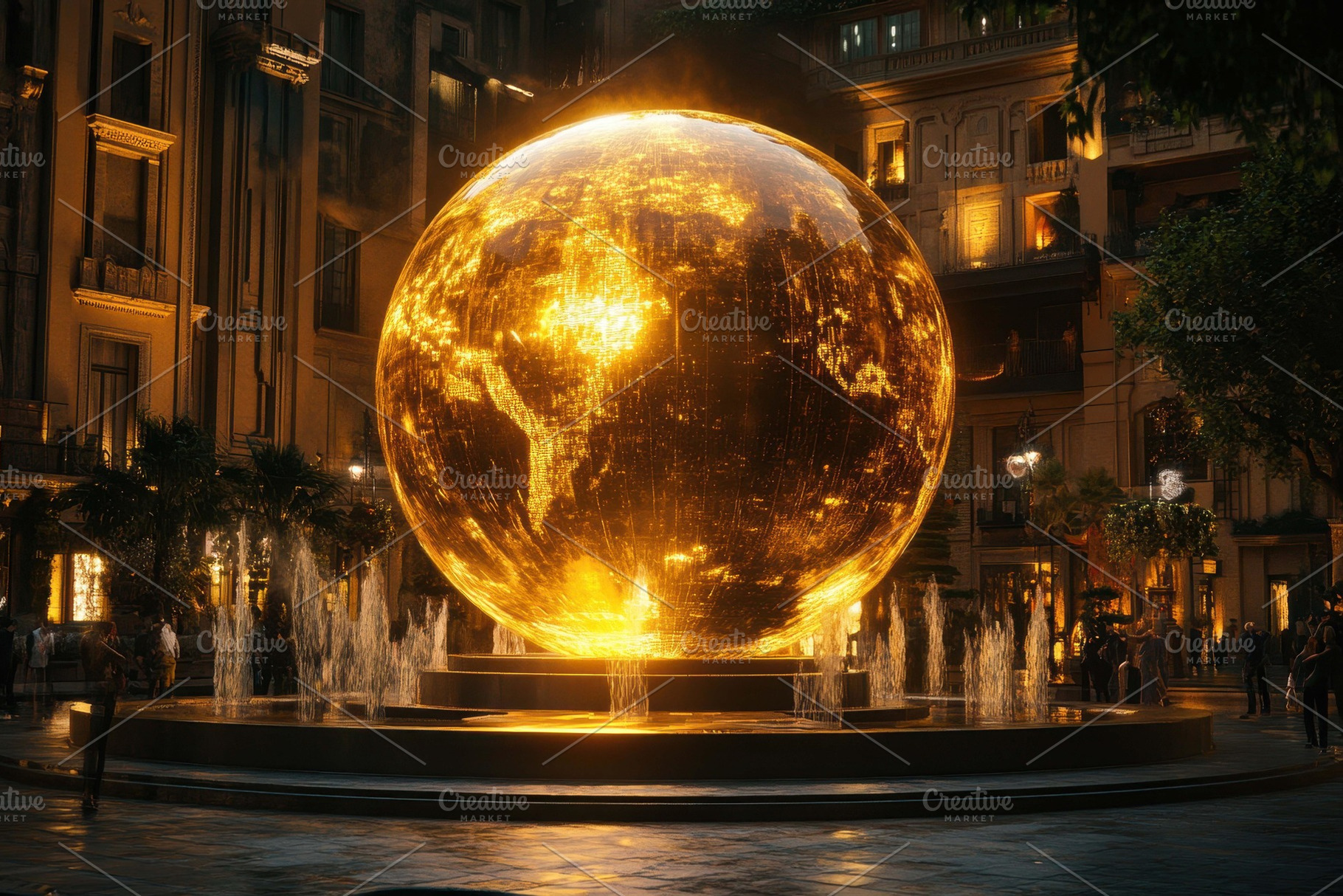 Illuminated globe fountain in a busy, a Photo by Tanuart
