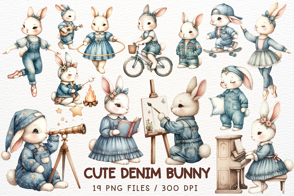 Watercolor Denim Bunny Clipart PNG, an Animal Illustration by Maysa Art (Photo 1 of 4)