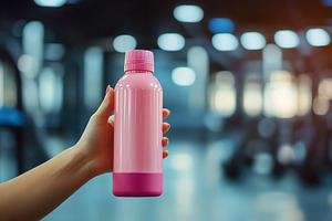 Hand holding a pink reusable sports bottle in a modern gym environment, a Photo by AlyaAnd