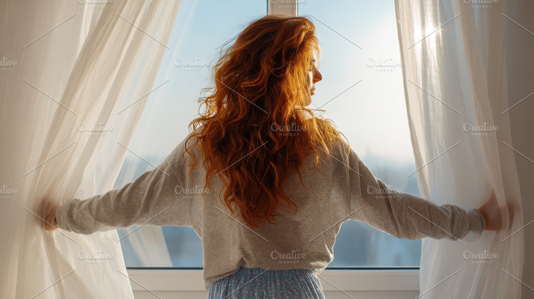 Redhead Woman Opens Curtains Sunligh, a Photo by Pixeness Studio