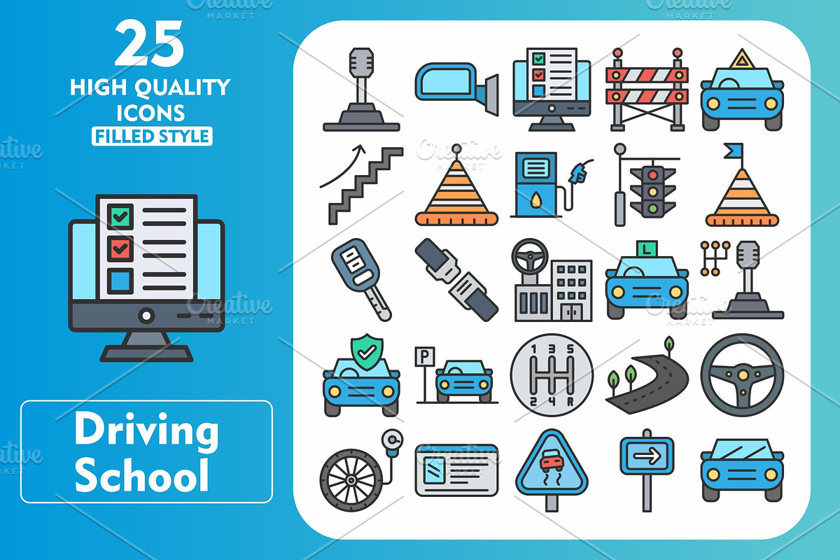 Driving School 25 Line Filled Icons, an Icon by Pexelpy