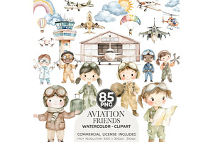 Aviator Friends Watercolor Clipart, an Illustration by CharmClipart