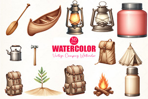 Vintage Camping Watercolor Clipart, an Illustration by CrexoraLab
