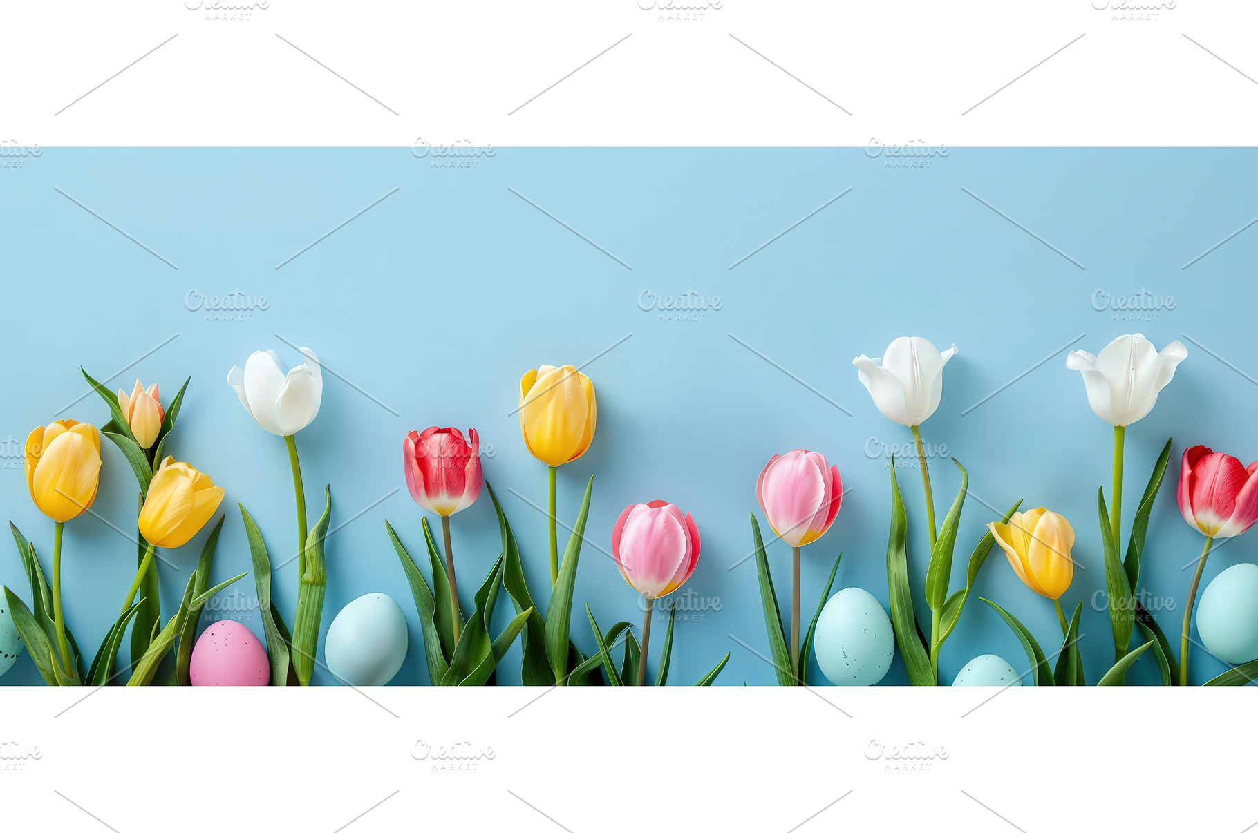 Easter tulips and pastel eggs on, a Holiday Photo by piter.goskov