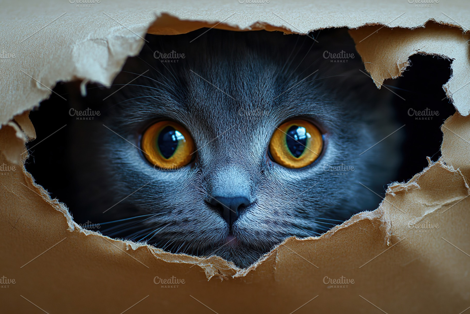 A grey cat crawling through a torn hole, an Animal Photo by AlyaAnd
