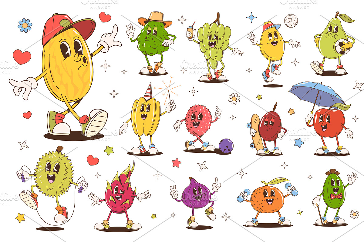 Retro groovy fruit characters, a Food Illustration by Vector Tradition