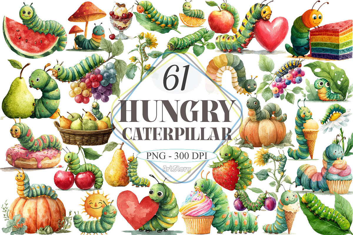 Watercolor Hungry Caterpillar Clipar, a Seasonal Illustration by designcity5 (Photo 1 of 5)