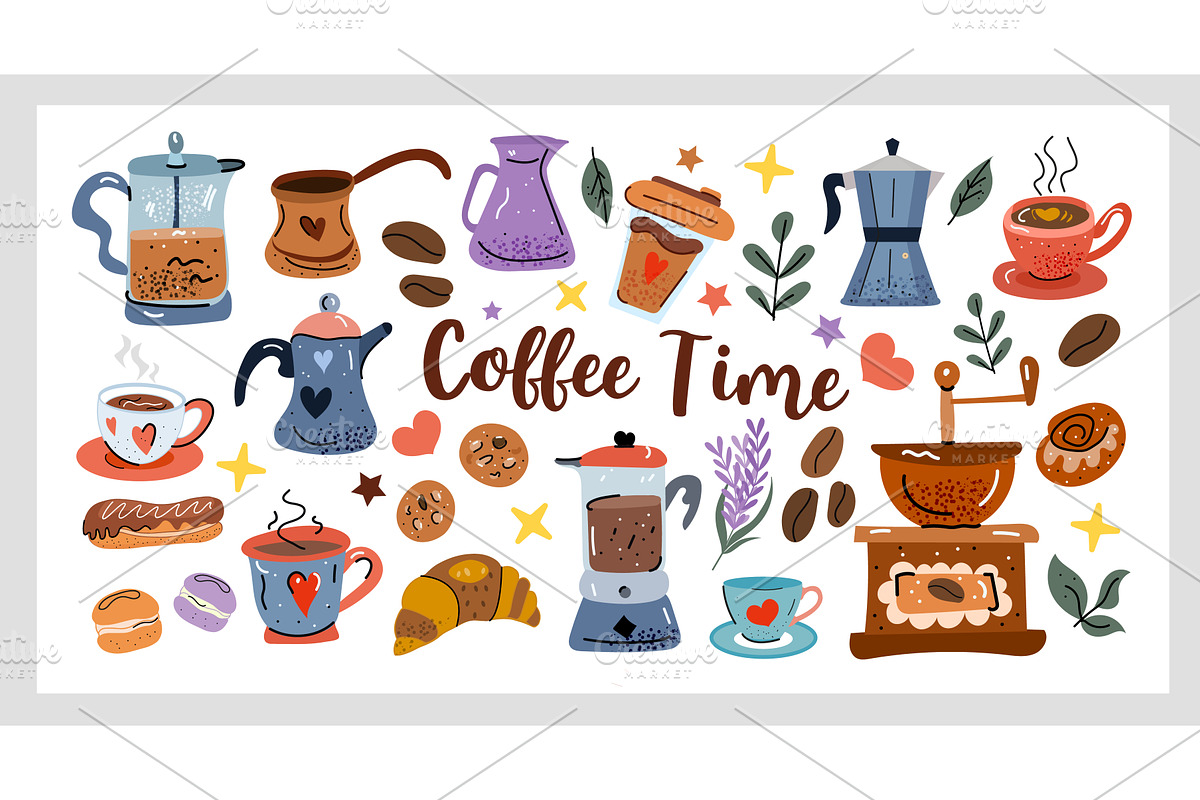 Coffee Time Set a cozy hand drawn, a Food Illustration by Lucia Fox