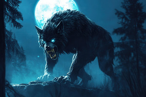 Werewolf hunts beneath full moon, a Photo by Pavel_design