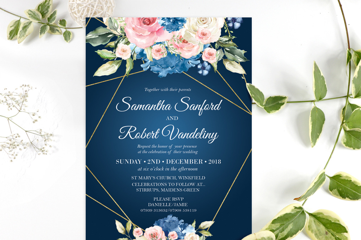 Navy and Blush Pink Roses Wedding, an Invitation Template by DreamsClipArt (Photo 3 of 3)