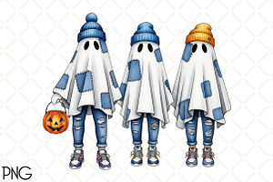 Retro Halloween Blue Denim Ghost PNG, an Illustration by Black Bird Studio