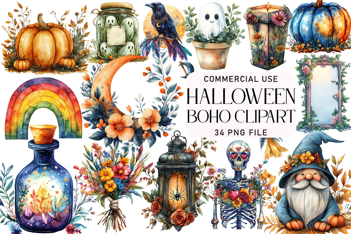 Boho Halloween Clipart Bundle, an Illustration by Daily.Designs (Photo 1 of 5)