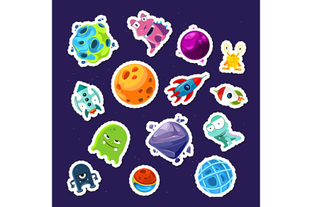 Vector cartoon space planets and ships stickers set, a Background Graphic by Onyx