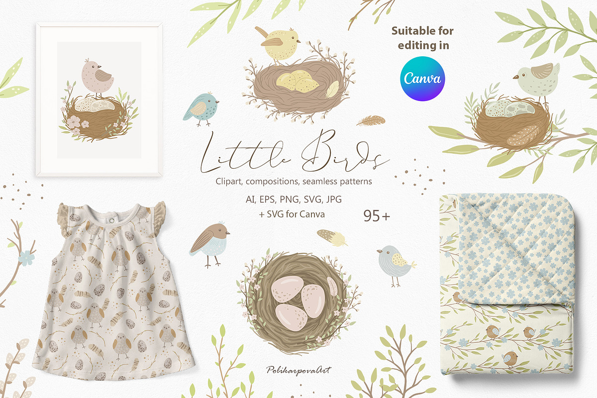 Little Birds clipart & pattern kids, a Decorative Illustration by polikarpovaart (Photo 1 of 9)