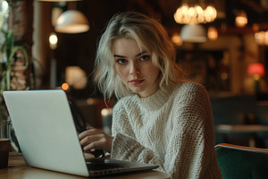 A young woman typing on a laptop, a Photo by Pavel_design
