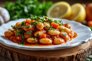 Delicious tomato beans stew garnishe, a Photo by Pixeness Studio