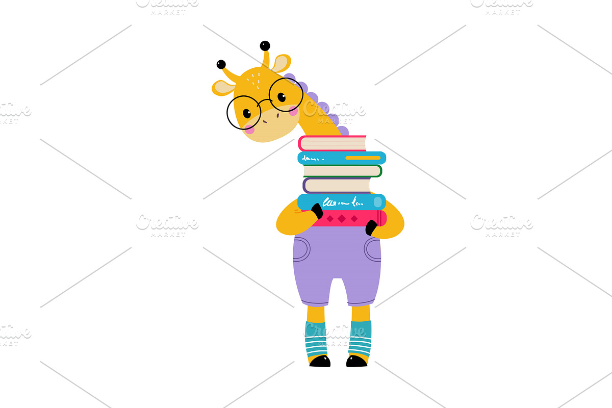 Cute baby giraffe holding stack of, an Animal Illustration by TopVectors