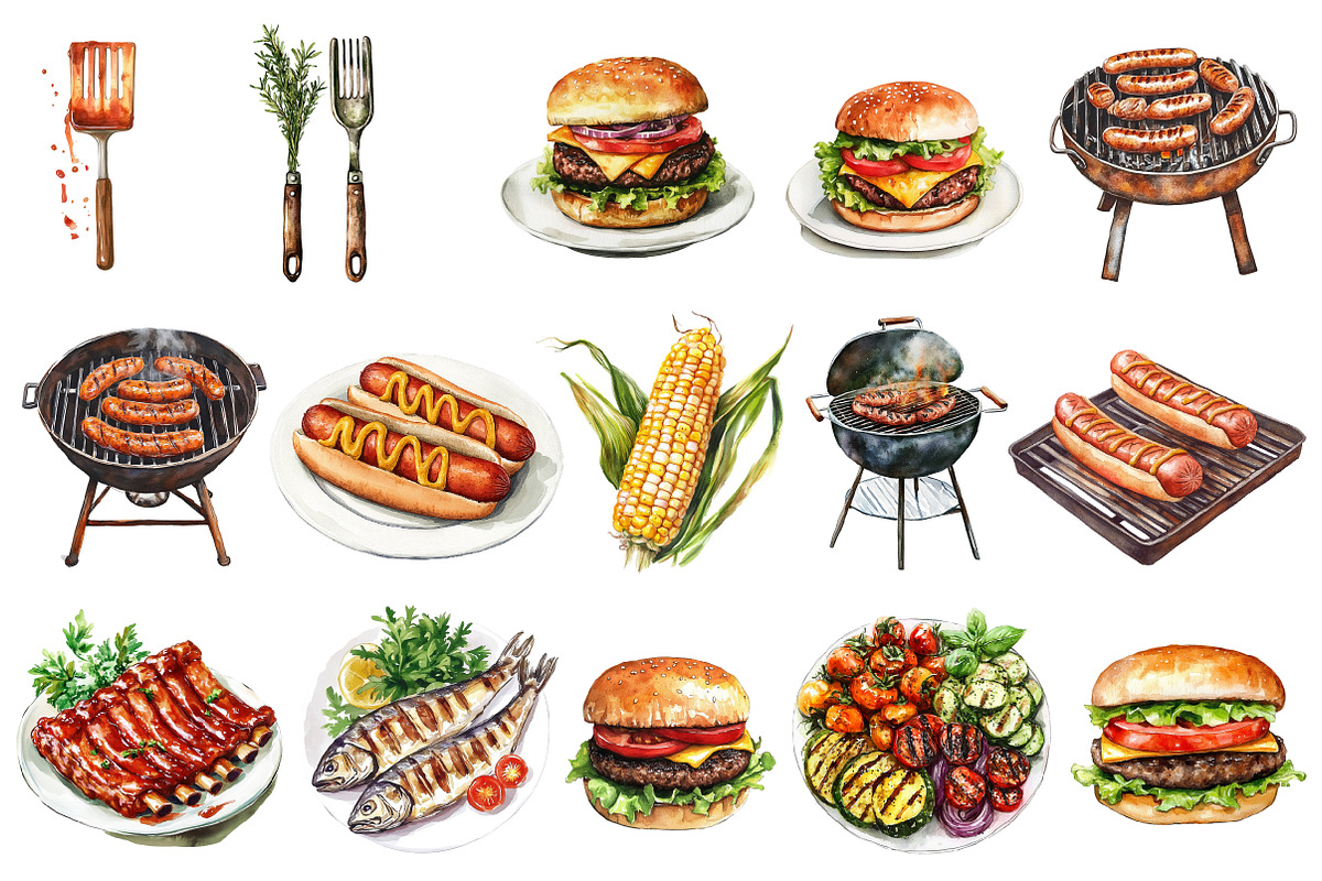 Watercolor BBQ Barbecue Clipart, an Illustration by designcity5 (Photo 5 of 5)